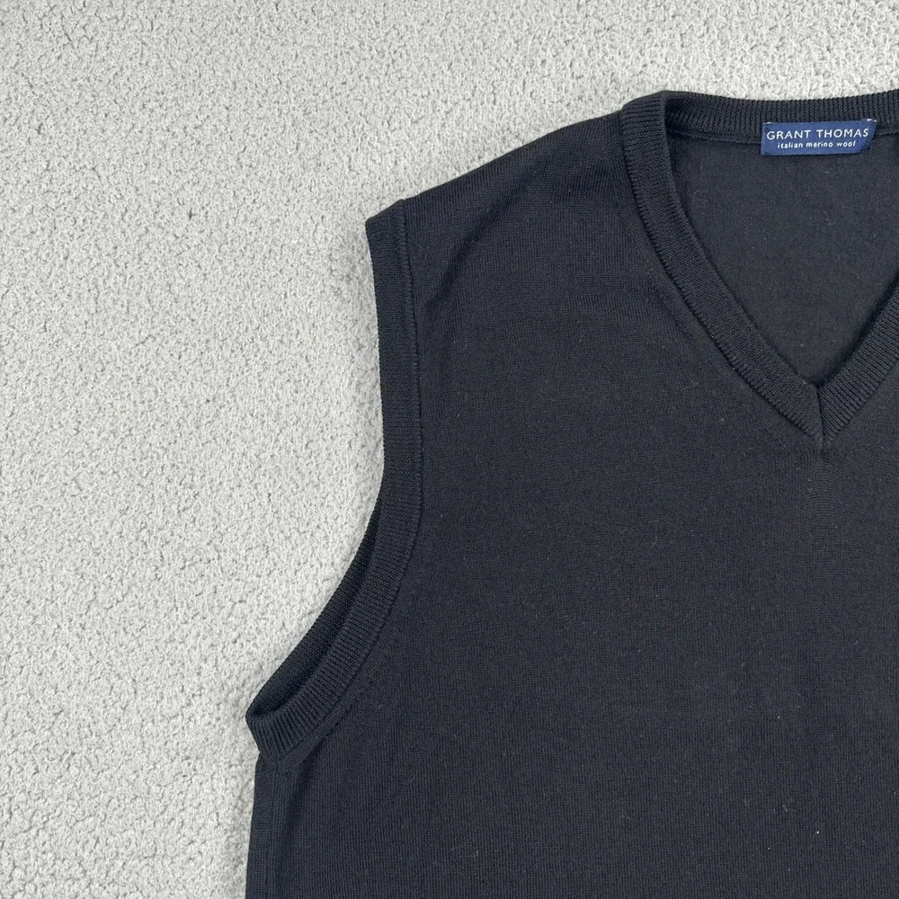 Grant Thomas Italian Merino Wool Sweater Vest Men XL Black V-Neck Made in Italy